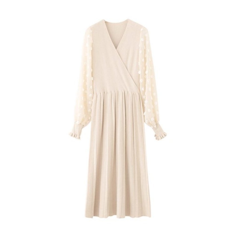 Cream Faux Wrap Swiss Dot Chiffon Sleeve Knit Sweater Midi Dress | Size M